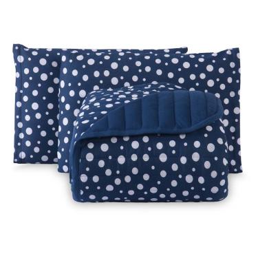 Imagem de Kit Cobre Leito Colcha Polly King 3 Peças Malha 100% Algodão Estampa Bolinhas - Azul Ma...