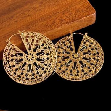 Imagem de Brincos Pendurados de Metal com Disco Oco - Estilo Retrô Dourado - Joi