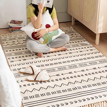 Imagem de Tapete de área de algodão boêmio com franja tecida tapete de porta geométrico com borla lavável à máquina tapete de chão para varanda cozinha sala de estar