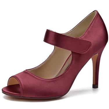 Imagem de Sapatos de noiva de cetim feminino, sapatos peep toe de salto agulha alto marfim 35-43,Burgundy,5 UK/38 EU
