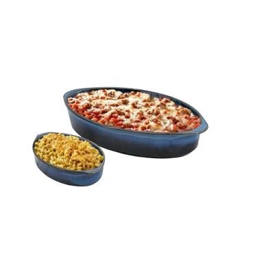 Imagem de Emeril Lagasse Conjunto de 2 peças de assadeira oval de grés – Versátil 1 e 2 litros, para assar, caçarolas perfeitas, assados, bolo, assadeira de lasanha, micro-ondas, forno, máquina de lavar louça e