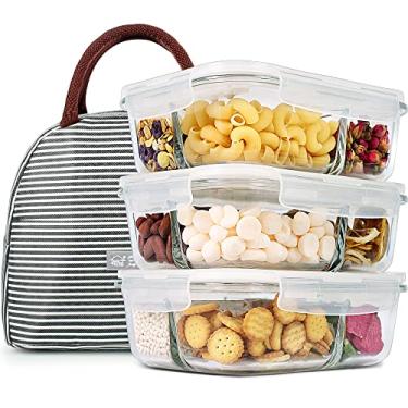 Imagem de DAS TRUST 3 Pack Bento Box Glass Meal Prep Containers 3 Compartment Glass Food Storage Containers with Lids Lunch Box Meal Prep Bowls Glass Food Prep Containers Lunch Container Oven Safe