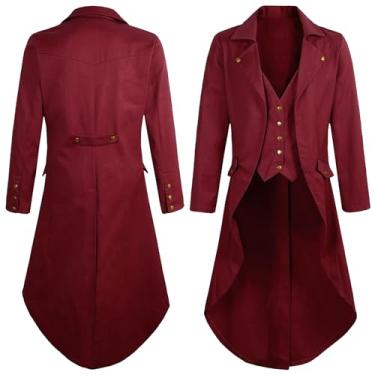 Imagem de Men's Vintage Renaissance Tailcoat Jacket Palace Gothic Victorian Lapel Collar Long Coat Pirate Halloween Prom Costume Uniform Red S
