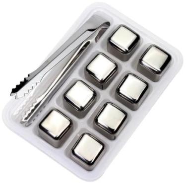 Imagem de Kit 8 CUBOS de Gelo Artificial Reutilizável em Aço Inox Com Pegador e Estojo Com Tampa de Plástico Para Bebidas- Distribuição Exclusiva QH Shopp