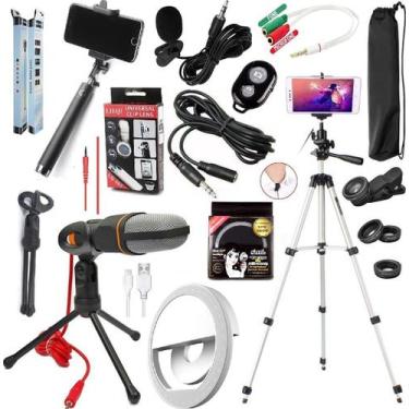 Imagem de Kit Tripé Profissional Microfone Condensador Lapela Flash Clip Led Bas