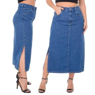 Imagem de Saia Jeans Longa Feminina Cintura Alta Abertura Lateral - Naraka, Azul