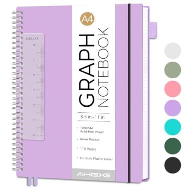 Imagem de AHGXG Caderno de papel milimetrado – Caderno espiral 21,6 cm x 28 cm, caderno gráfico grande A4, papel quadriculado grosso de 100 g/m², diários de capa de plástico à prova d'água para matemática de