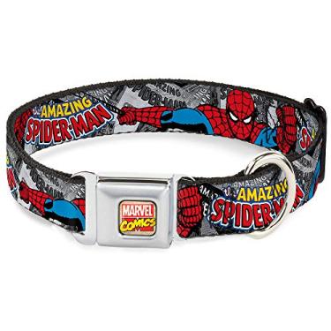 Imagem de Buckle-Down Coleira para cães com fivela de cinto de segurança – The Amazing Spider -MAN empilhada com poses de quadrinhos/ação – 2,5 cm de largura – Serve para pescoços de 22,8 a 38,1 cm – Pequena