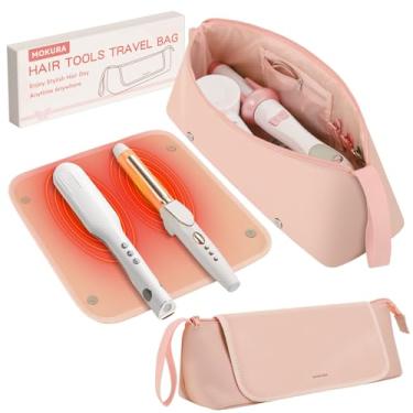 Imagem de MOKURA Bolsa de viagem para ferramentas de cabelo quente com tapete resistente ao calor, estojo organizador de acessórios de cabelo feminino, bolsa de armazenamento para alisador de cachos e secador