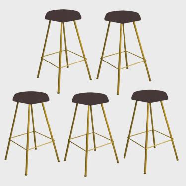 Imagem de Kit 05 Banqueta Alta Lari Eiffel Hexágono Bancada Bar Balcão Bistrô Ferro Dourado Corino Marrom - Ahz Móveis