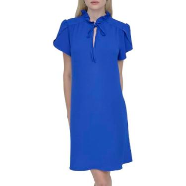 Imagem de DKNY Vestido trapézio feminino com laço frontal e babados, Azul cósmico, 40