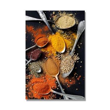 Imagem de Arte de parede colorida em tela para especiarias e colher de tempero | Decoração de cozinha vintage | Arte moderna para casa e sala de jantar (especiarias mistas 34). 70 x 105 cm - 27,6 x 41,4 pol sem