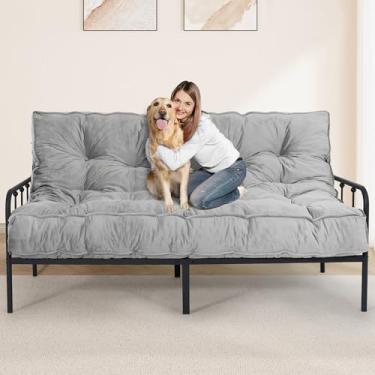 Imagem de Colchão Futon tamanho casal 137 x 203 cm, 20 cm de espessura para adultos, sofá-cama dobrável com enchimento de espuma desfiada, tapete de dormir confortável para hóspedes, acampamento, dormitório