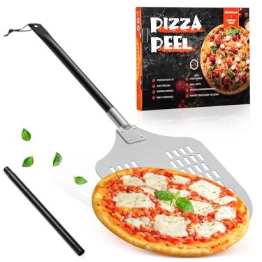 Imagem de Casca de pizza perfurada de 30,5 cm, casca Leonyo para virar pizza, espátula de alumínio com alça longa ajustável, ferramentas de metal leves antiaderentes para assar pão de pizza, acessórios de forno