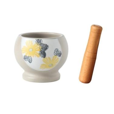 Imagem de Tigela Moedora Pounder de tempero multifuncional cerâmica manual tigela de especiarias conjunto de argamassa e pilão moedor de ervas Moedor Triturador(Yellow)
