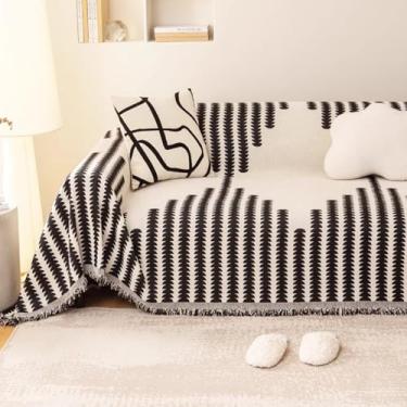 Imagem de MERRYLIFE Capa de sofá Chenille Boho com borla, antiderrapante, boêmia macia, lavável, protetor de móveis para animais de estimação (linha preta, 180 cm x 299 cm)