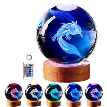Imagem de Lâmpada Axolotl, lâmpada de bola de cristal Axolotl de 8 cm, luz noturna de bola de cristal Axolotl 3D K9 atualizada com base de madeira, mudança de 16 cores com controle remoto, lâmpada de esfera de