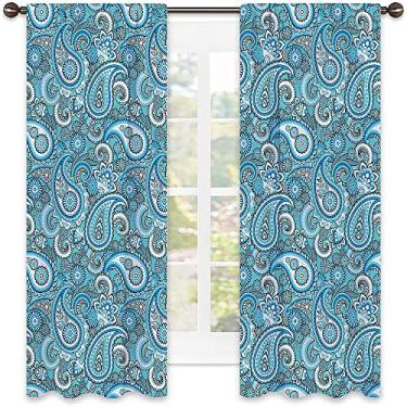 Imagem de Cortinas blecaute azul claro com bolso para varão, elementos tradicionais, arte paisley, motivos de lágrima, para quarto, jardim de infância, sala de estar, L 132 x C 182 cm azul pálido preto
