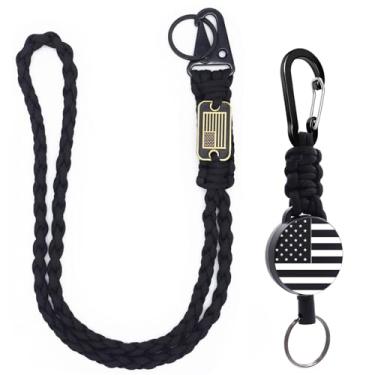 Imagem de Chaveiro retrátil de 2 peças, carretel de suporte de crachá resistente – Cordão de paracord trançado com bandeira dos EUA, carretel retrátil para crachá de identificação e colar de corda de paraquedas