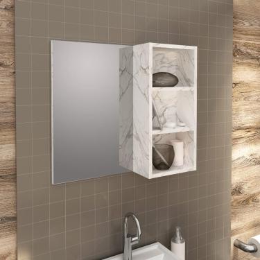 Imagem de Espelheira Estante Suspensa Organizadora 1 Espelho 2 Prateleiras Para Banheiro Cor Branco Mármore