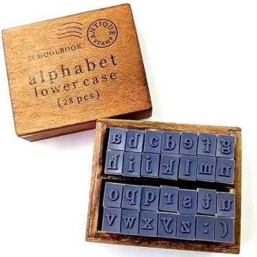 Imagem de DEAD SKIN Conjunto de carimbos de alfabeto minúsculo de madeira, carimbos de borracha vintage de grão de madeira, 26 letras e 2 símbolos, alça longa, estilo antigo em caixa de madeira