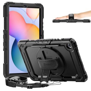 Imagem de Capa Timecity compatível com Samsung Galaxy Tab S6 Lite 10,4" 2020 (SM-P610/P615), com suporte de caneta protetor de tela integrado e alça de ombro e suporte giratório de 360 graus, For 2020 Galaxy Tab S6 Lite 10.4 inch, Black+Black