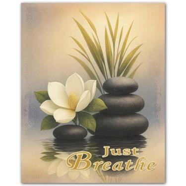 Imagem de ZUKIY Arte de parede Breathe Peace - Pôster de lótus inspirador para decoração de escritório ou spa - Impressão sem moldura 20 x 25 cm - Arte zen calmante para casa de banho ou espaço de meditação