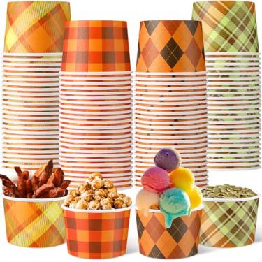 Imagem de Romooa 48 peças de tigelas de papel de outono de 255 g xícaras xadrez para lanche de sorvete de outono tigelas de sobremesa para petisco de ação de graças copos de sobremesa para comida quente ou fria