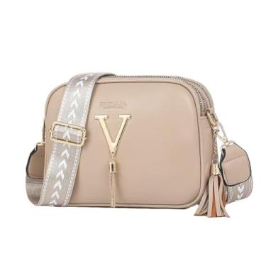 Imagem de Bolsa Transversal Quadrada Feminina em - Alça Larga com Franjas e Detalhes Metalizados, Múltiplas Cores Trendy (Caqui)