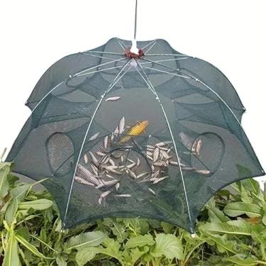 Imagem de Armadilha de Pesca para Camarão, Lambari e Peixes - Covo com 8 Entradas e Rede Retrátil 90x90cm, Material de Pesca Dobrável, Portátil e Multiuso para Isca Viva