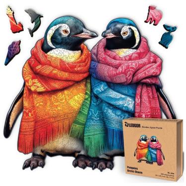 Imagem de Quebra Cabeças em Madeira MDF para Adultos, Tema Casal de Pinguins com 500 Peças, LEOGOR, Colorido