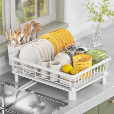 Imagem de CosyPic Escorredor de louça, escorredor de pratos com economia de espaço para balcão de cozinha com bico de drenagem rotativo de 360°, escorredor de pratos multifuncional com drenagem, suporte de