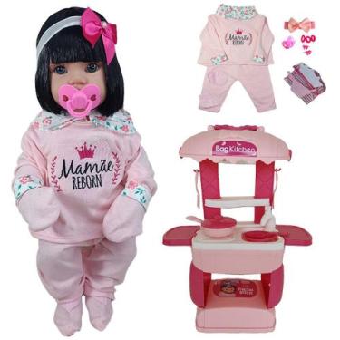 Imagem de KIT Boneca Bebê Morena Mamãe Reborn 45cm + Mini Cozinha