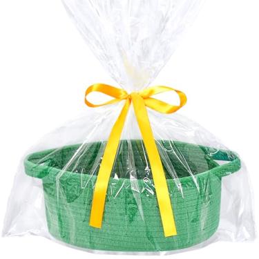 Imagem de Cesta pequena de tecido com saco de presente e fita, cesta pequena fofa de 30,5 cm x 20,3 cm x 12,7 cm, cesta de armazenamento de prateleira de sala de corda, caixa de baú de cesta, cesta de presente