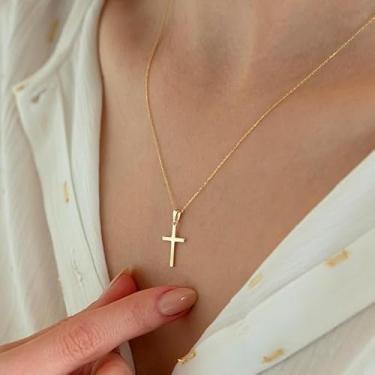 Imagem de Colar de cruz unissex – Pingente minimalista banhado a ouro 18K, joia delicada e leve para presente para mulheres e homens, 21*12mm, Latão, Sem Pedra Preciosa