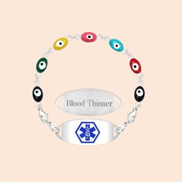 Imagem de Pulseira de alerta médico olho turco de aço inoxidável | Corrente ajustável com fecho de lagosta com placa de identificação substituível | Pulseira de identificação médica gravada personalizada