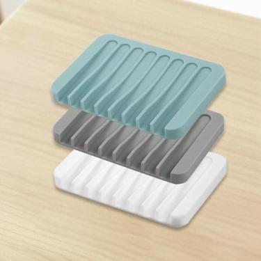 Imagem de Pacote com 3 protetores de sabão de silicone - Bandejas de chuveiro quadradas foscas com design de ralo em camadas | Organizador de banho antiderrapante