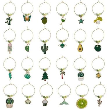Imagem de 24 pingentes de taça de vinho com tema de verão, marcadores de bebida de cálice verde, identificadores de vidro, acessórios de vinho para coquetel, degustação de champanhe, lembrancinhas de festa