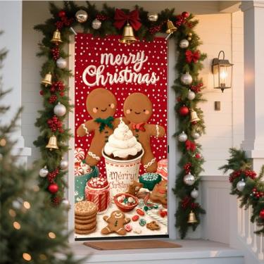 Imagem de NYZE Capa de porta de Natal, decoração de Papai Noel, decoração de Natal, pão de gengibre, faixa de Natal para férias em casa (Sweet Ginger Duo)