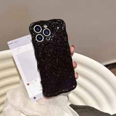 Imagem de Capa de luxo à prova de choque com glitter e bordas onduladas para iPhone 16, 15, 14, 13 Pro Max Plus, protetor de lente, capa macia de silicone em cores doces (para iPhone 15 Pro/preto)