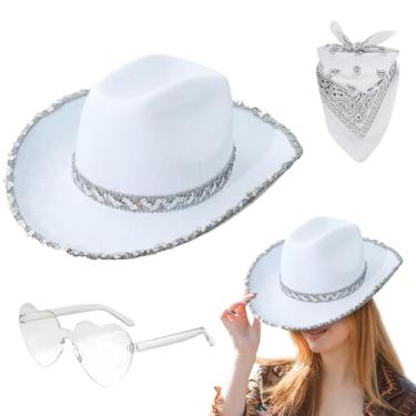 Imagem de 3 peças de chapéu de cowboy fantasia de Halloween chapéu de vaqueira, chapéu de cowboy rosa chapéu de cowboy feminino, óculos de sol em forma de coração, bandana rosa