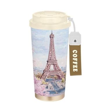 Imagem de SEHANY Caneca de viagem Torre de Paris em aquarela de 500 ml Copos de café reutilizáveis revestidos de cerâmica com tampa à prova de vazamento, parede dupla, isolamento a vácuo, copo de café de aço