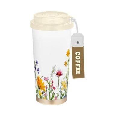 Imagem de SEHANY Caneca de viagem borboleta e flores de 482 ml Copos de café reutilizáveis revestidos de cerâmica com tampa à prova de vazamento, parede dupla, isolamento a vácuo, copo de café de aço inoxidável