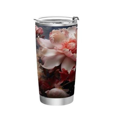 Imagem de Blueangle Copo de 590 ml com tampa e canudo, copo de café com água isolada a vácuo de aço inoxidável, caneca de viagem com lindas flores, copo térmico para bebidas quentes e frias (839)