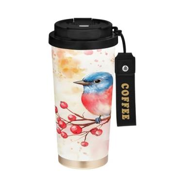 Imagem de SEHANY Caneca de café de viagem Blue Birds 482 g com tampa revestida de cerâmica e à prova de vazamento, parede dupla, isolada a vácuo, copo de aço inoxidável para bebidas quentes e frias