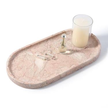 Imagem de Koville Bandeja de mármore rosa para bancada de banheiro, bandejas de pedra para decoração, bandeja decorativa de mármore natural para organizador de cômoda, bandejas de armazenamento para perfume