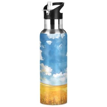 Imagem de Blueangle Garrafa de água de aço inoxidável campo amarelo de 947 ml - Garrafa esportiva de metal isolada à prova de vazamento para academia, acampamento, fitness ao ar livre e viagens (453)