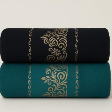 Imagem de Jogo de Toalha de Banho Conjunto de Duas PeçAs 100% AlgodãO Puro Excelente AbsorçãO de áGua Adequado para uso No Banheiro em Viagens Na NataçãO ou Na Academia(Kit 2Toalhas–Preto&Verde)
