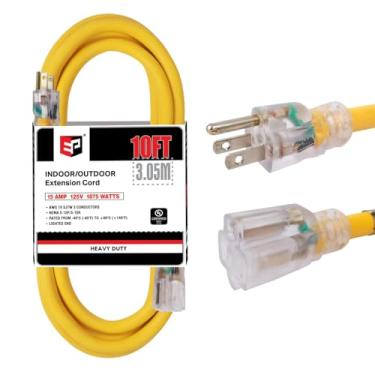 Imagem de EP Cabo de extensão de 3 metros iluminado para ambientes externos – Cabo de extensão amarelo resistente SJTW 10/3 com plugue aterrado de 3 pinos para segurança, listado pela UL