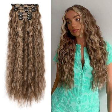 Imagem de Peruca de cabelo com clipe, 61 cm, 6 peças, extensões de cabelo sintéticas longas com clipe para mulheres (marrom escuro com loiro sujo
